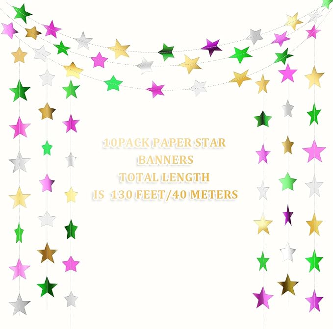 Patelai Glitter Star Garland Banner New Years Decor 130 Feet Star Hanging Banner Twinkle Backdrop for Birthday Classroom Wedding Halloween Christmas Party Supplies(Green,Pink,Gold,Silver)