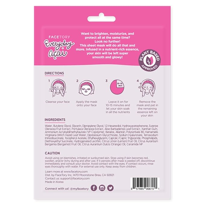 FACETORY K Beauty Face Mask Skin Care - Everyday ACAI Rejuvenating Sheet Mask | Plant-Based with Acai Infusion (5 Pack)