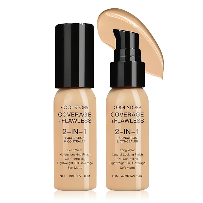 2-in-1 Foundation and Concealer Long Wear Natural Matte Finish Lightweight Coverage (Light Medium)