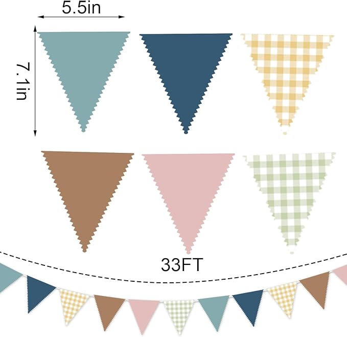 33 Ft Gingham Hanging Banner Decoration Boho Pennant Plaid Triangle Flag Fabric Bunting Garland for Birthday Wedding Baby Shower Party Supplies