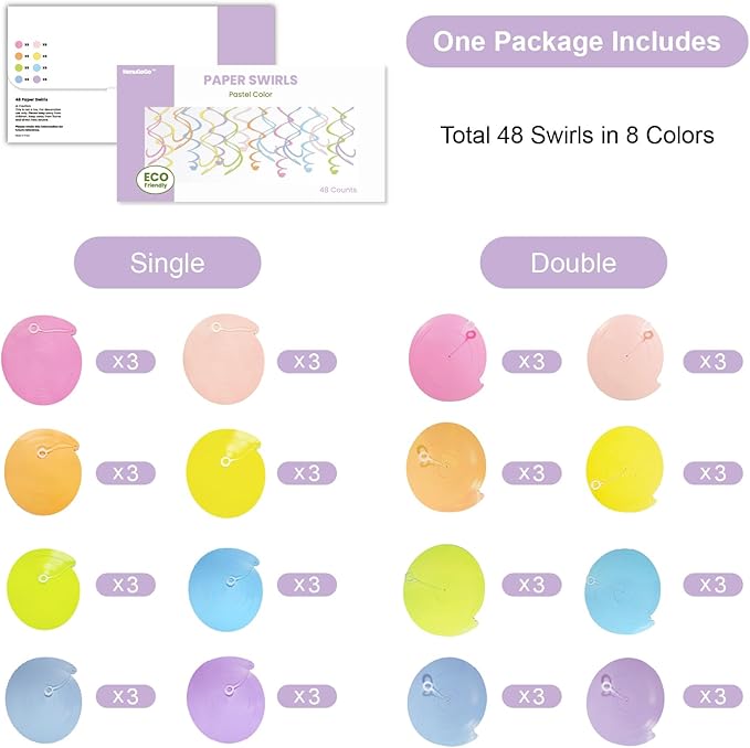 48PCS Pastel Paper Swirl Decorations Hanging Ceiling Streamers for Birthday, Spring, Bridal, Gender Reveal, Wedding, or Everyday Party Decor