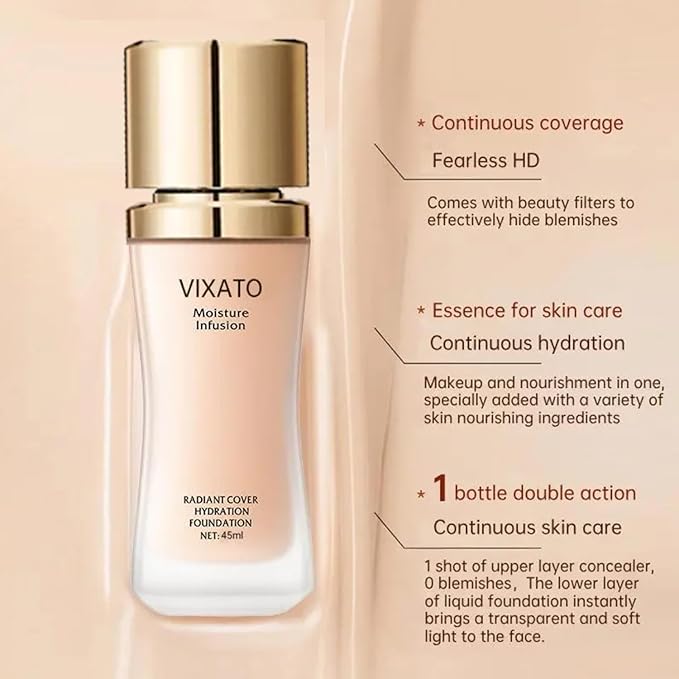 Cover Hydration Liquid Foundation Concealer, 45ML Moisture Liquid Flawless Makeup Cosmetic, Suitable for Most Bright/Neutral/Dark Skin