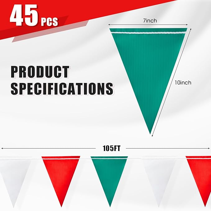 Safety Warning Pennant Banner Flags – Multipurpose OSHA High Visibility Colored Triangle Flags for Roadwork, Party and Hazard Areas(GREEN+WHITE+RED,45Pcs,105FT)