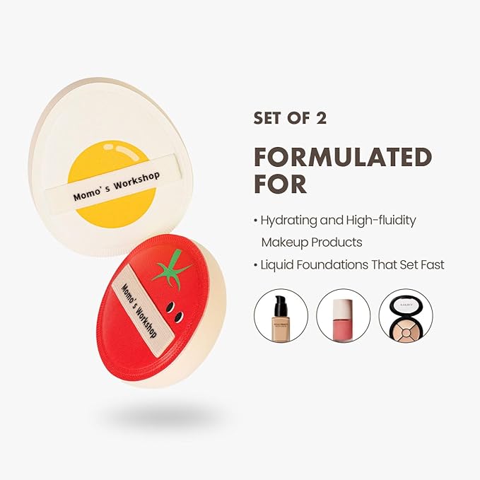 Sun Egg Makeup Sponge Puff & Tomato Makeup Sponge Set - 2PC Medium Bounce Rubycell Foundation Puffs for Creamy Finish, Quick Blending, Comfortable for All Skin Types & Storage Case