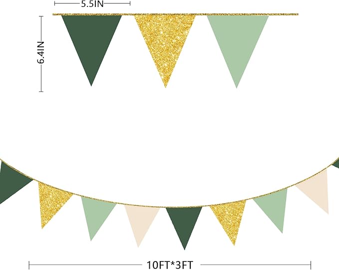 Sage Green Gold Party Decorations Pennant Banner Flag Oilve Green Cream Beige Gold Hanging Glitter Paper Triangle Bunting for Neutral Baby Shower Birthday Wedding Woodland Jungle Safari Party Supplies