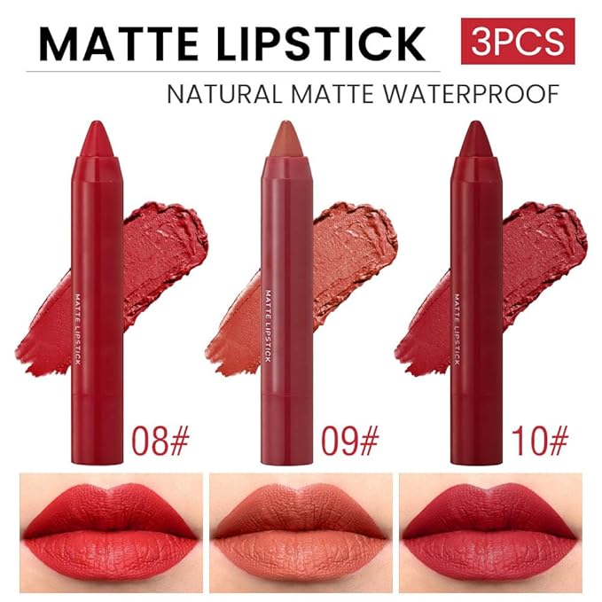 BINGBRUSH Crayon Matte Longwear Lipstick Pack Set,Moisture Smooth Color Stick Ultimate Lip Crayon for Makeup Collection - Waterproof Velvet Lipgloss (3pcs 08#&09#&10#, 3 Count (Pack of 1))