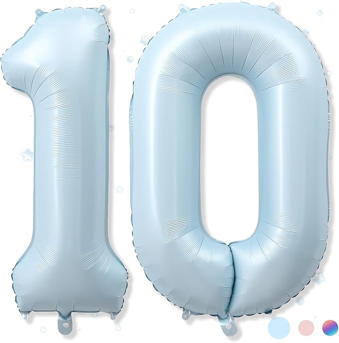 40 Inch 10 Balloon Number, Large Pastel Matte Baby Blue Foil Number 10 Balloons Birthday Party Decor, Light Powder Blue Helium Mylar Self Inflating Balloon for Boy 10th Birthday Anniversary Decoration
