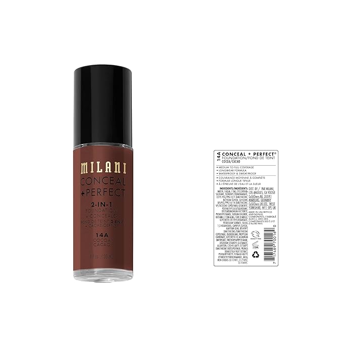 Milani Conceal + Perfect 2-in-1 Foundation + Concealer for a Flawless Complexion, Under Eye Corrector, Cover Redness and Imperfections, Waterproof and Sweatproof - Cocoa