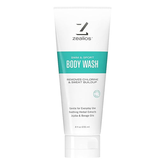 Zealios Swim & Sport Body Wash for Swimmers & Athletes 8oz, Skin Care Solution for Men & Women, Removes Chlorine, Sweat & Odor, Provides Cleansing and Hydration from Pool Chemicals, Light Citrus Scent