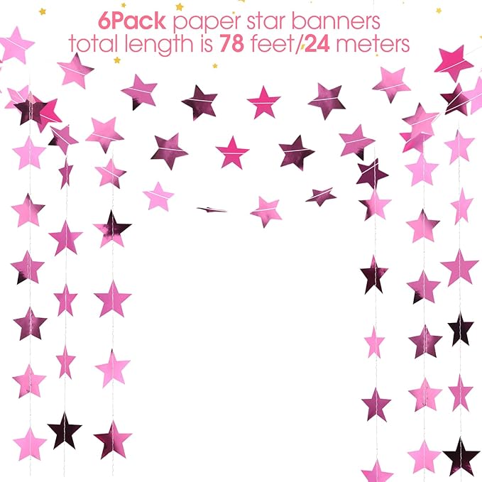 Patelai 78 Feet Glitter Star Garland Banner Decoration Hanging String Star New Year Eve Party Supplies Gold Black Party Decor for 2026 New Year Valentines Wedding Birthday (Pink)