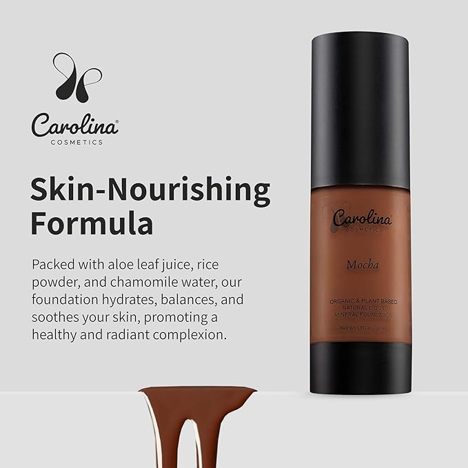 Carolina Cosmetics - Plant-Based Foundation in Mocha Shade - Hydrating, Pore-Minimizing & Buildable Coverage - Vegan, Non-GMO, Gluten-Free, Paraben-Free- Sun Protection - 1Fl Oz