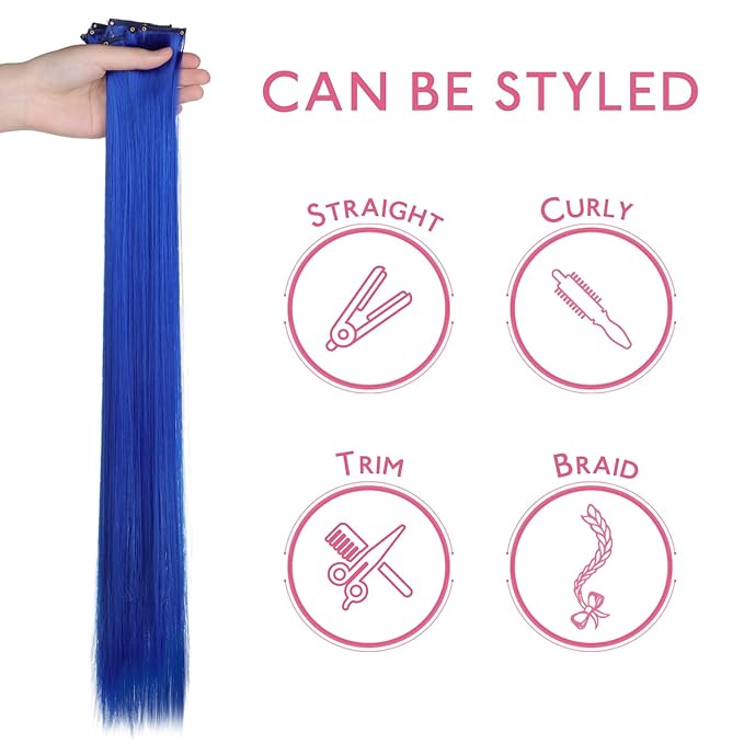 WENNALIFE 12 PCS Blue Hair Extensions Clip in, Colored Clip in Hair Extensions for Kids Highlights Rainbow Hair Clips for Girls Synthetic Straight Pop-up Style Colorful Festival Girls Hair Accessories