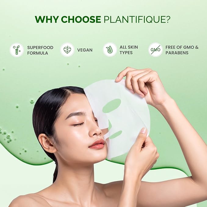 PLANTIFIQUE Superfood Facial Sheet Mask Variety Box 5 Pack – Face Mask Set with Coconut, Aloe, Vitamin C, Centella & Collagen – Hydrating & Refreshing – For All Skin Types