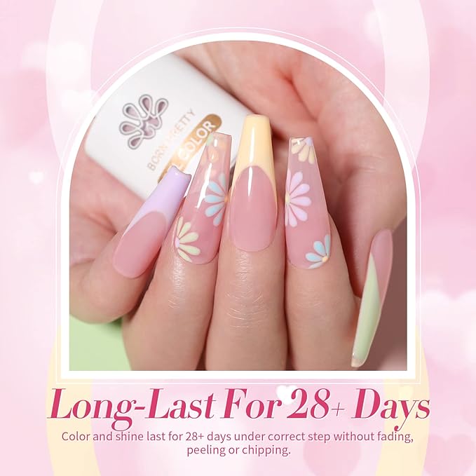 Born Pretty Pastel Gel Nail Polish Set Spring Summer Gel Polish Macaron Candy Sweet Color Gel Polish Easter Soft Pink Yellow Purple Blue Green Colors Collection Nail Art Gift Box 7ML 6PCS