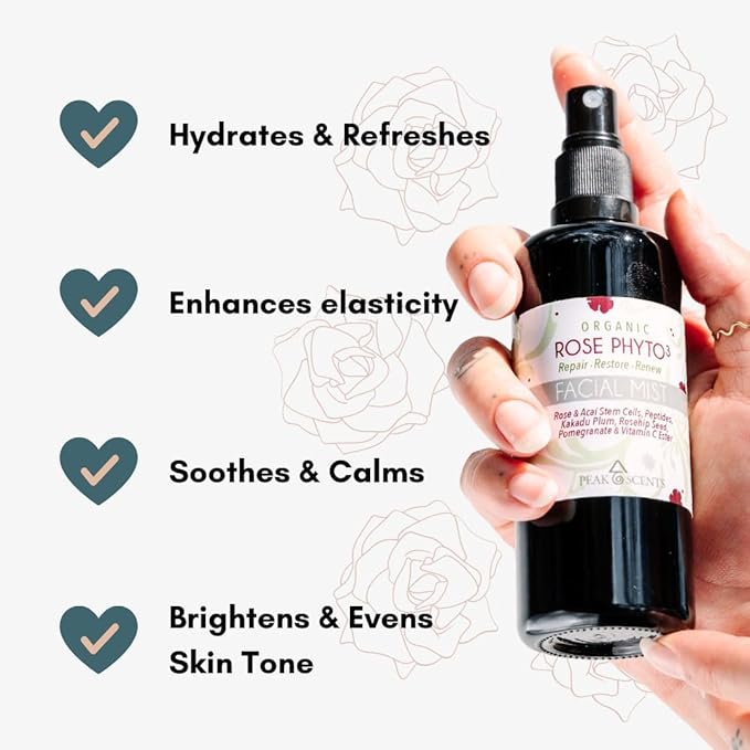 Peak Scents - Organic & Vegan Rose Phyto³ Water Facial Spray - Moisturizing Face Mist & Setting Spray, Soothing, Hydrating Mist Rose Water For Face - Great for Facial Massaging (4 oz)