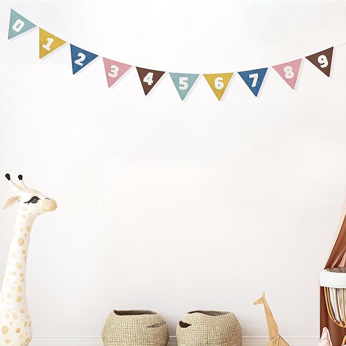 2 Sets of Retro Colored Pennant Banner 20Pcs Nursery Garland Flags Numbers 0-9 Fabric Linen Triangle Streamers for Kids Birthday Baby Shower Party Decorations Classroom Baby Room Math Learning Decor