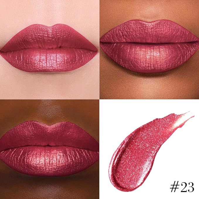 evpct Burgundy Plum Red Metallic Glitter Lip Liner and Lipstick Combo Lip Gloss Stain Set Makeup for Women Long Lasting Waterproof 24, Non Stick Cup Metal Shine Shimmer Iridescent Liquid Lipstick 23