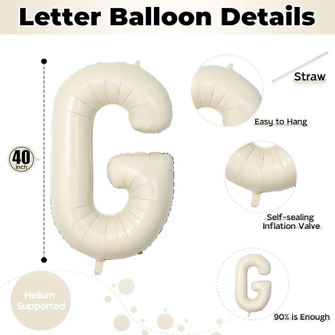 40 Inch Custom Letter Balloons, Giant Alphabet G Foil Name Balloon Cream White, Mylar Self Inflating Beige G, Helium Customize for Women Birthday Party Decoration