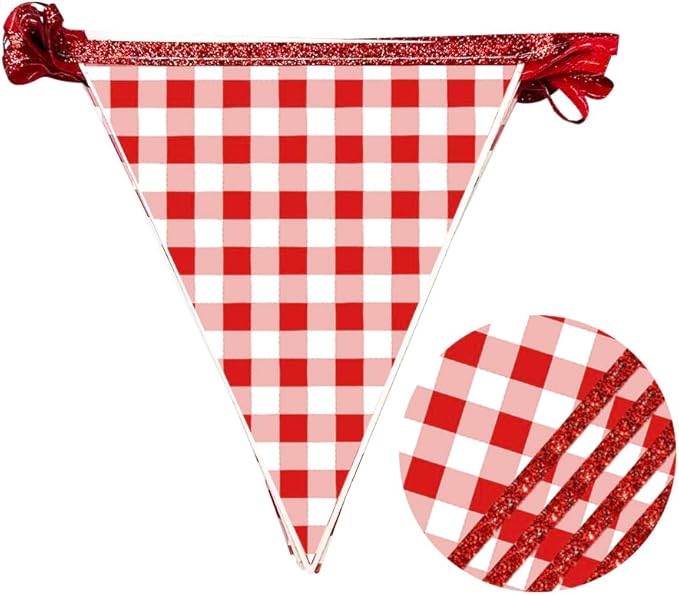 Red Buffalo Plaid Party Decorations Pennant Banner Flag Hanging Red Glitter Paper Triangle Bunting for Birthday Anniversary Baby Shower Wedding Bridal Shower Christmas Holiday Party Decor Supplies