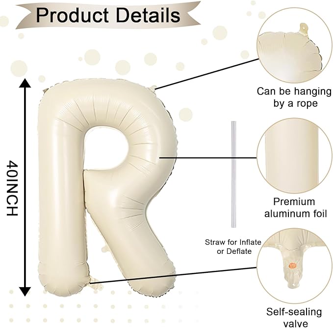 40 Inch Letter Balloons R, Big Custom A-Z Alphabet Foil Name Balloon Cream White, Self Inflating Beige Customize Helium Balloon Letters R for Women Girls Birthday Bride Baby Shower Party Decorations