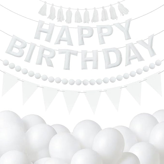 White Themed Birthday Decoration Set, White Pre-Strung 3D Felt Happy Birthday Banners, Pom-Pom Garland, Party Pennant Felt Banner Flags, Tassel Garland, Balloons, Reusable Party Decor,Photo Prop