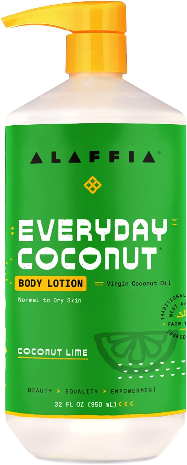 Alaffia EveryDay Coconut Hydrating Body Lotion, Normal to Dry Skin, Moisturizing Support for Soft & Supple Skin, Coconut Lime, 32 Fl Oz