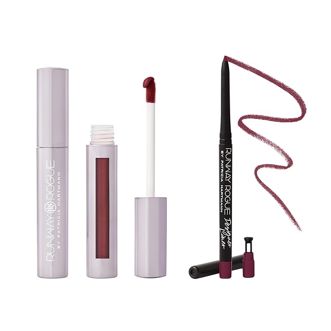 Runway Rogue ‘Call My Agent’ Velvet Glam Liquid Lipstick with 'Throwback' Matte Rich Burgundy-Blackberry Lip Liner Pencil and Lip Liner Sharpener