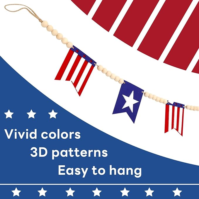 5.1 FT 4th of July Patriotic American Flag Wood Bead Garland Banner - Independence Day Decorations for Fireplace Mantle, Red White Blue Decor for Memorial Day, Veterans Day & Party Supplies