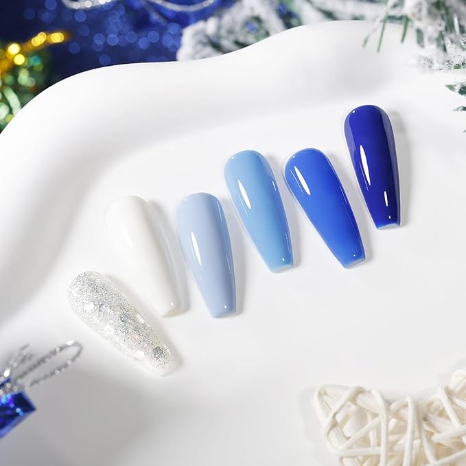 GELLEN Blue Gel Nail Polish Set, UV Gel Polish Baby Navy Cobalt Blue White Glitter Summer Winter Bright 6 Colors Set, Long Lasting No Wipe Soak Off Glossy Manicure Gifts for Women Girls Christmas