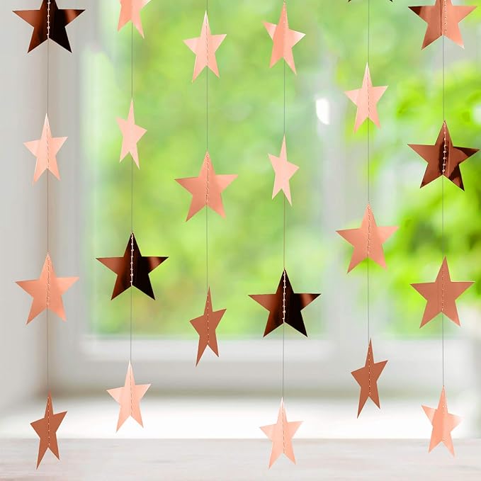 Patelai Glitter Star Garland Banner New Years Decor 130 Feet Star Hanging Banner Twinkle Backdrop for Birthday Classroom Wedding Halloween Christmas Party Supplies(Rose Gold)