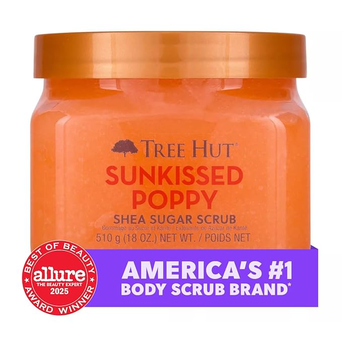 Tree Hut Sunkissed Poppy Shea Sugar Scrub, Exfoliating, Hydrating & Moisturizing Body Scrub with Shea Butter & Nourishing Essential Oils, Smooth & Soften Skin, 18 oz