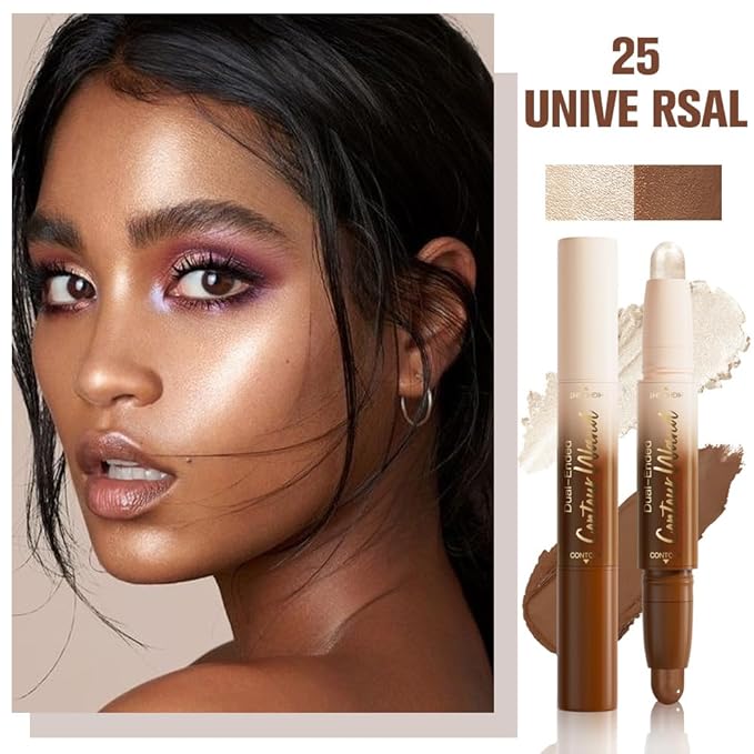 Dual-Ended 2-in-1 Cream Contour & Highlighter Stick Makeup For Face & Body – Waterproof, Long-Lasting, Suitable for All Skin Tones, 05#Nuetral Nude + Silver Shimmer