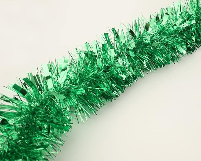 25 ft Long Roll Green Tinsel Twist Garland, Shiny Metallic Foil Decorations for Parade Floats, Halloween, Christmas Eve, New Year Parties (4" x 25' roll, Green)