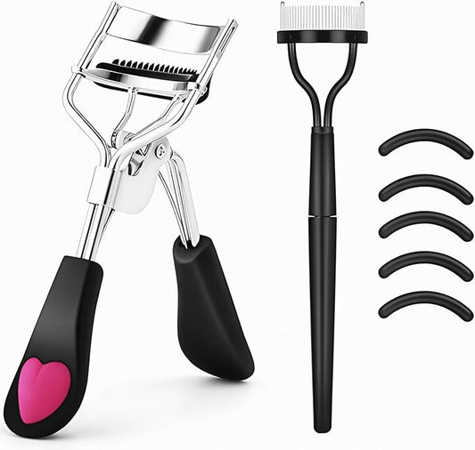 Stainless Steel Eyelash Curler with Comb and Eyelash Brush Fit Suitable for Any Eye Shapes and Sizes, with 5 Silicone Refill Pads (Black Set)