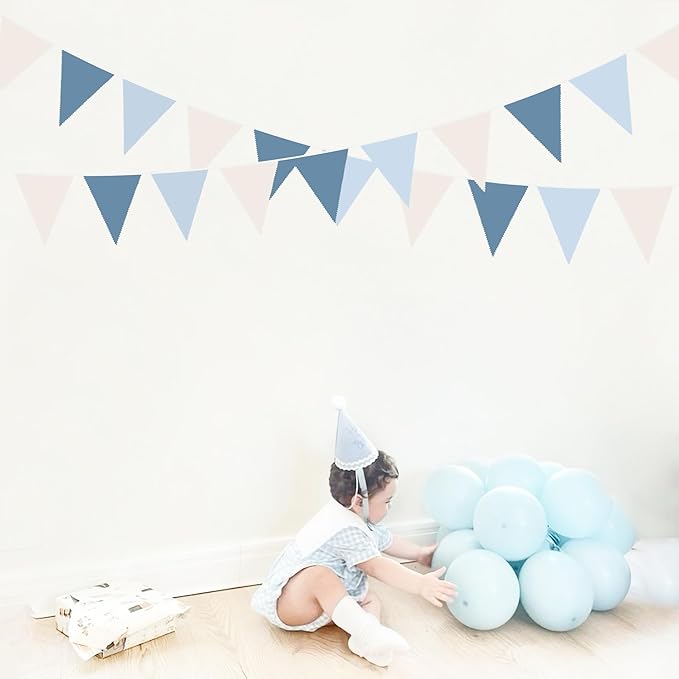 32Ft Blue Party Decorations Retro Blue Triangle Banner Flag Pennant Bunting Fabric Garland Streamers for Nautical Wedding Birthday Ahoy Achor Bridal Baby Shower Under The Sea Party Decoration