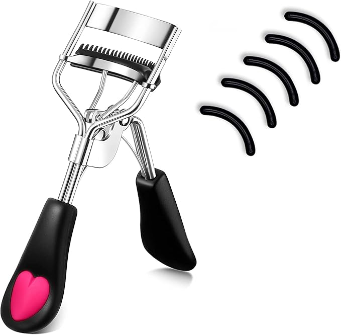 Stainless Steel Eyelash Curler with Built-in Comb Pinch Pain-Free Suitable for Any Eye Shapes and Sizes, with 5 Silicone Refill Pads (Black)