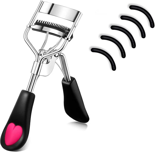 Stainless Steel Eyelash Curler with Built-in Comb Pinch Pain-Free Suitable for Any Eye Shapes and Sizes, with 5 Silicone Refill Pads (Black)