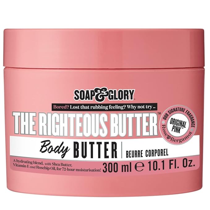 Soap & Glory The Righteous Moisturizing Body Butter - Hydrating Vegan Body Moisturizer for Dry Skin with Shea Butter, Vitamin E & Rosehip Seed Oil - Rich Cream for Women & Men (300ml)