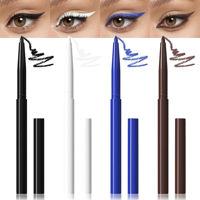evpct 4Pcs White Blue Eyeliner Pencils Set for Eyes, Black Brown Eye Liner Pencil Makeup Waterproof Smudge Proof, Colored Gel Waterline Eyeliner Liquid, Face Eye Paint Stick Lipstick Halloween Makeup