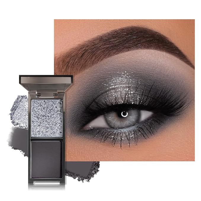 AMY'S DIARY 2 Color Shimmer Silver Black Eyeshadow Palette – Shimmer matte Shades eye shadow for Eye Makeup, Long-Lasting & Highly Pigmented, Vegan & Cruelty-Free for woman (01#)