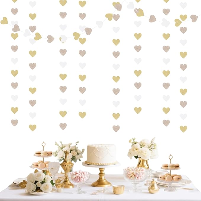White-Gold Champagne Bachelorette Party Decorations - 52Ft Birthday Heart Hanging Paper Streamers-Garland Banner,Engagement Wedding Neutral Baby Bridal Shower Supplies Decor Ouruola