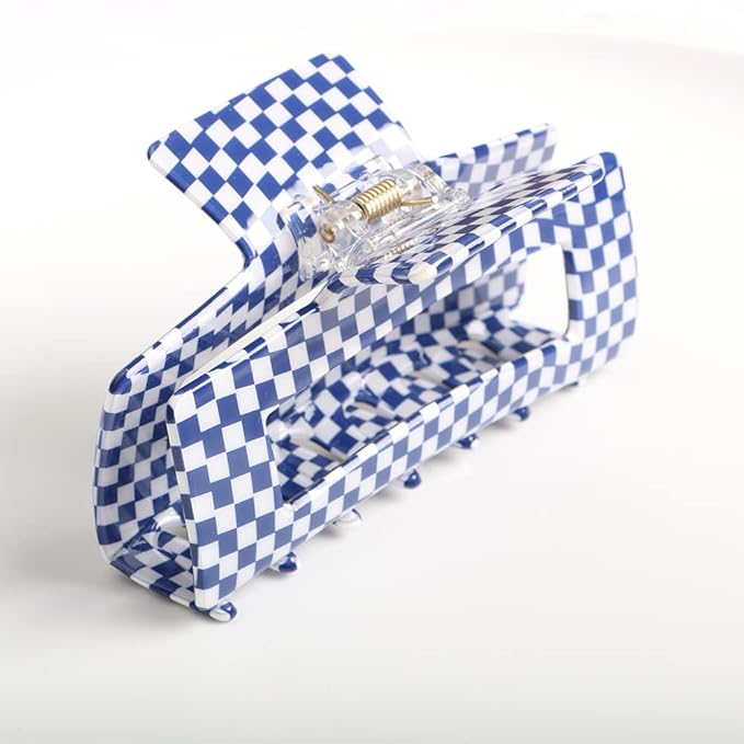 Vintage Checkered Cellulose Acetate Hair Claw Clips for Women and Girls, Pack of 1 - Nonslip Banana Clamp (Blue, L)