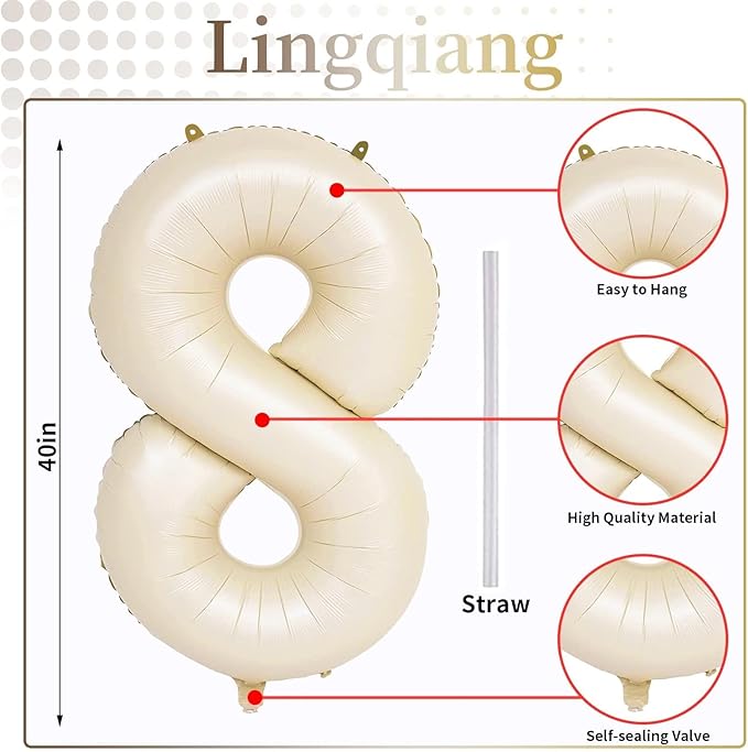 40 Inch Cream Foil Balloon Number 8, Giant Self Inflating Beige Number Balloons 0-9 for Men Women, White Sand 8 Helium Balloons Set for Girls Boys 8th Birthday Anniversary Party Decorations Supplies