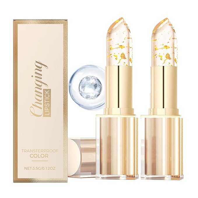 Color Changing Lipstick with Gold Foil, Long Lasting Waterproof Moisturizing Gloss, PH Activated Lip Balm, Non-Sticky Clear Lipstick, 2 Pack