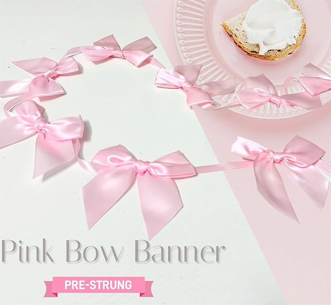 2pcs Pink Bow Garland Banner, Pink Ribbon Bow Party Decorations for Baby Shower Girls Bow Coquette Birthday Party Decor
