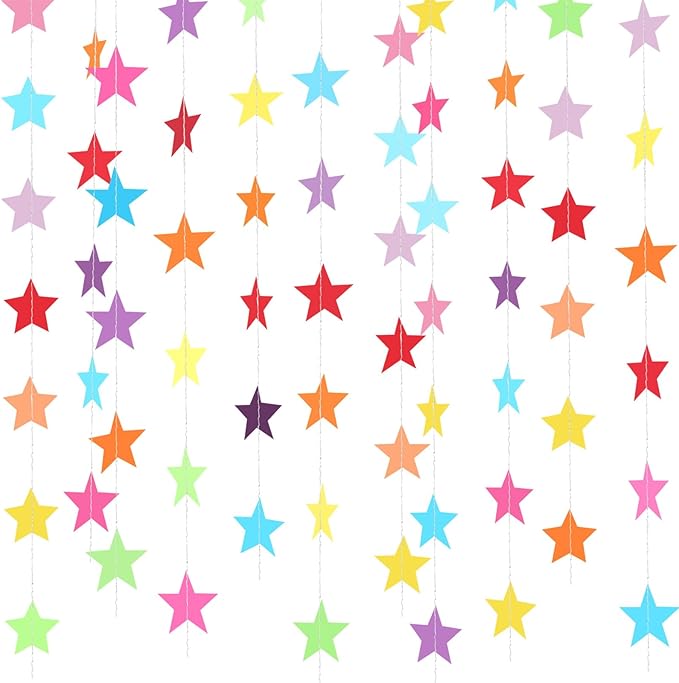 Patelai 130 Feet Glitter Star Garland Banner Decoration Hanging String Star New Year Eve Party Supplies Gold Black Party Decor for 2026 New Year Valentines Wedding Birthday (Colorful)