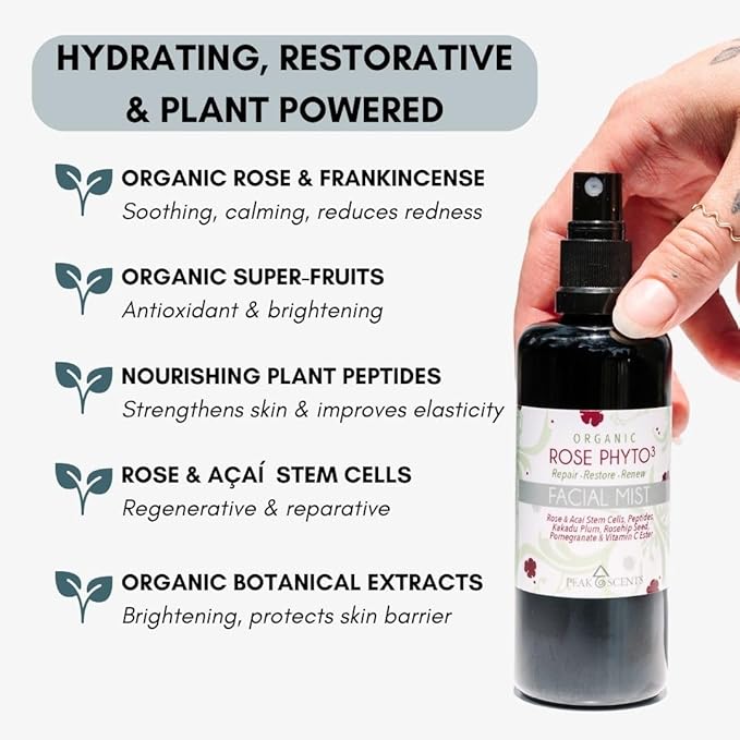 Peak Scents - Organic & Vegan Rose Phyto³ Water Facial Spray - Moisturizing Face Mist & Setting Spray, Soothing, Hydrating Mist Rose Water For Face - Great for Facial Massaging (4 oz)