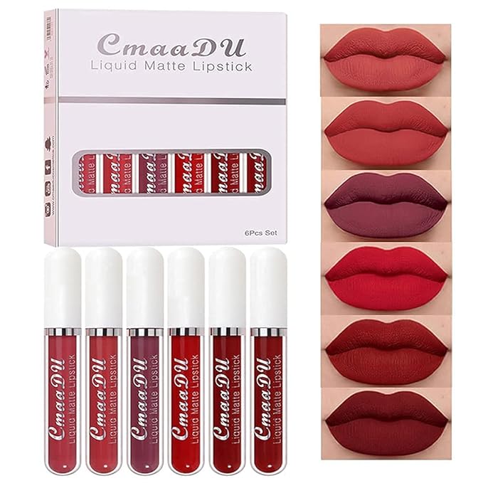 evpct 6Pcs Lipstick Matte Liquid Lipstick Lipgloss Set for Women, Dark Deep Bright Ruby Sexy Brick Red Mauve labiales mate 24 horas originales matte larga duracion 24 Hour Lipstick Long Lasting