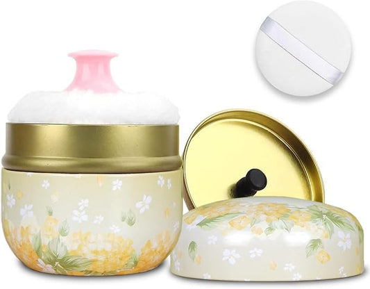 SHIMIDO Body Powder Puff and Container, 3.15" Portable Empty Body Powder Container for Baby Women's Loose Dusting Powder, Powder Case Box with Lids for Bath, Travel and Home Use (Yellow Flower)