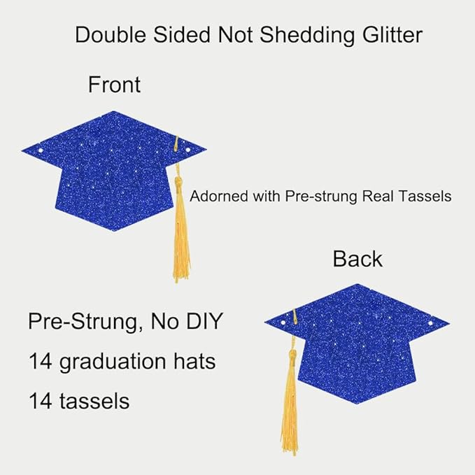 2025 Blue Glitter Graduation Decoration Hats Banners with Tassel Class of 2025 Graduation Banners Garlands for College High School Graduate Party Decorations